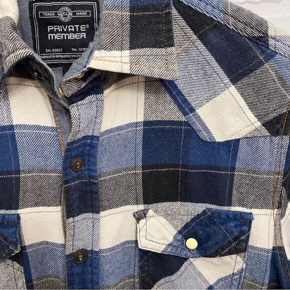 PRIVATE Member Mens plaid 100% cotton button down shirt blue ecru white in small - Picture 10 of 15